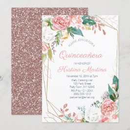 Invitación Rosa floral rosado Purpurina de oro Quinceañera Cu