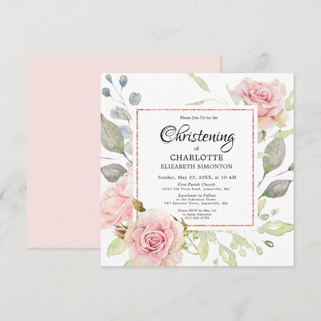Invitación Rosa floral rosado Rubor Christening Square Gold S (Anverso / Reverso)