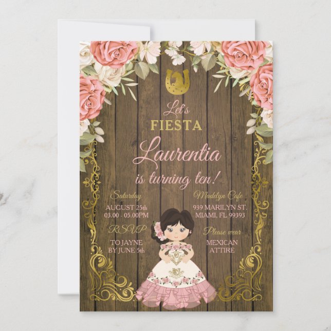 Invitación Rosa floral rosado y dorado Chica dulce Madera Cum (Anverso)
