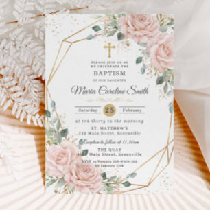 Invitación Rosa Floral Rosas Cruz Dorada Bautizo 