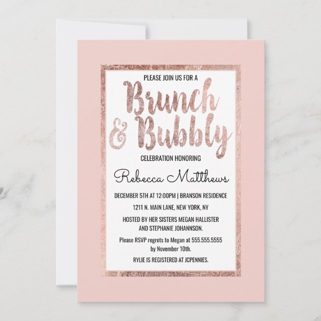Invitación Rosa Floral Rubor Brunch Pincel rosa Bubbly (Anverso)