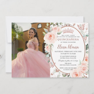 Invitación Rosa floral Rubor Mariposas de oro Quinceañera
