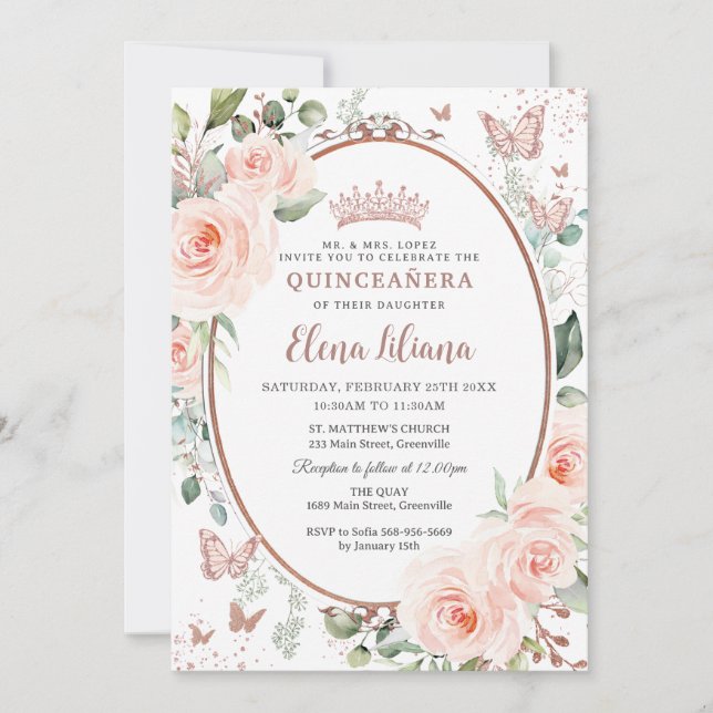 Invitación Rosa floral Rubor Mariposas de oro Quinceañera (Anverso)