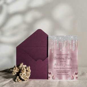 Invitación Rosa floral Rubor Perforaciones de Purpurina rosad