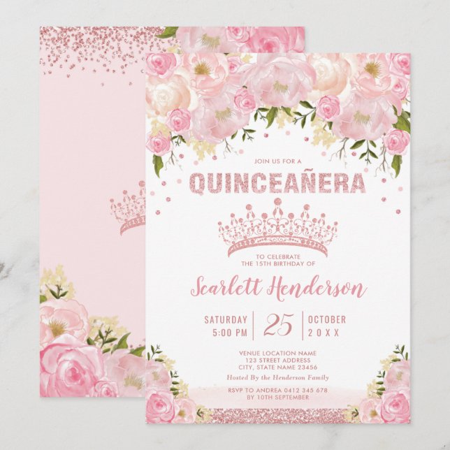 Invitación Rosa floral Rubor Purpurina rosa dorado Quinceaner (Anverso / Reverso)