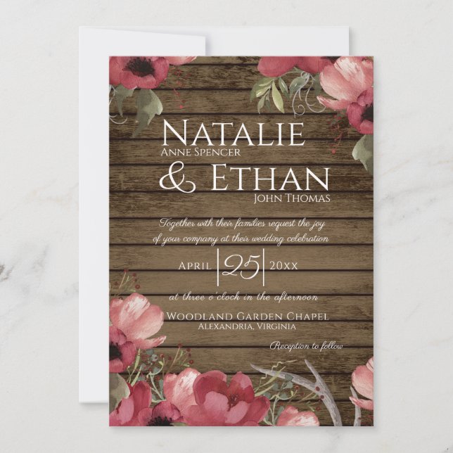 Invitación Rosa floral rústico Boda de Wood Barn (Anverso)