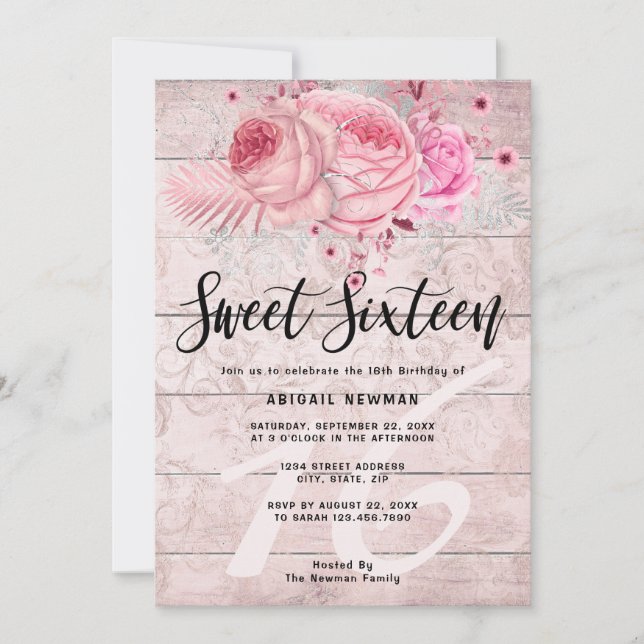 Invitación Rosa floral rústico purpurina de oro dulce diecisé (Anverso)