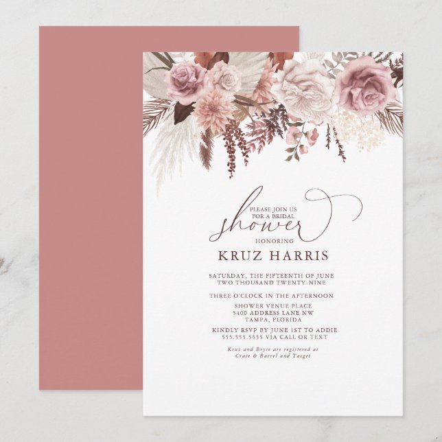 Invitación Rosa floral seco Palm & Pampas Boho Bridal Shower (Anverso / Reverso)