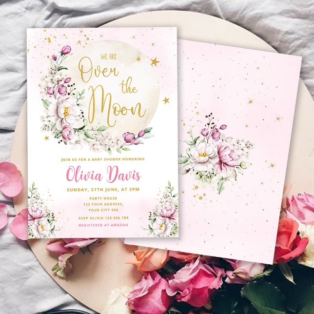 Invitación Rosa Floral Sobre El Baby Shower De La Luna (Subido por el creador)