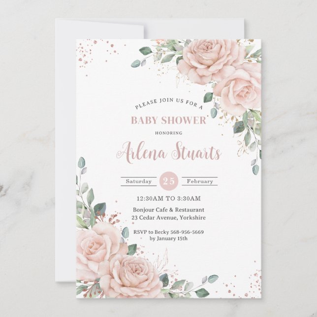 Invitación Rosa floral suave Rubor Gold Baby Shower QR Code (Anverso)