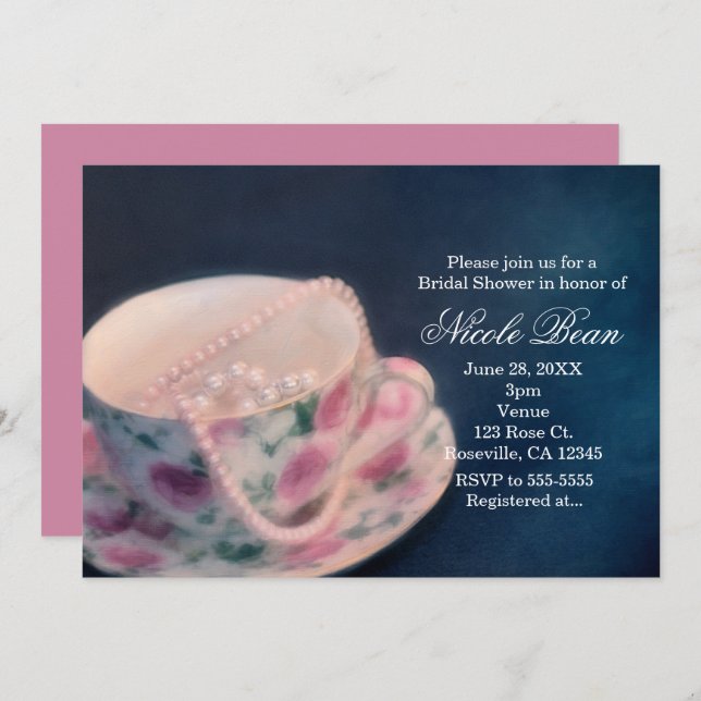 Invitación Rosa floral Tea Cup & Pearls Bridal Shower (Anverso / Reverso)