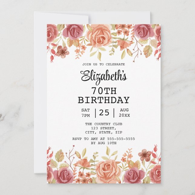 Invitación Rosa Floral Terracotta Brown 70º cumpleaños (Anverso)