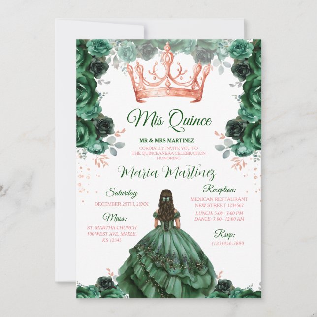Invitación Rosa floral verde esmeralda Crown Mis Quince (Anverso)
