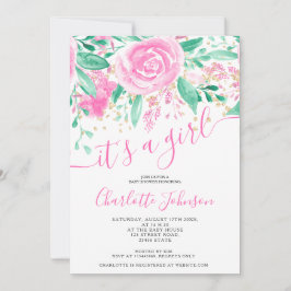 Invitación Rosa floral verde rosa acuarela chica bebé