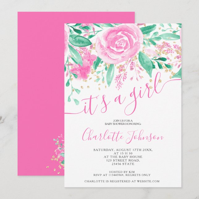 Invitación Rosa floral verde rosa acuarela chica bebé (Anverso / Reverso)