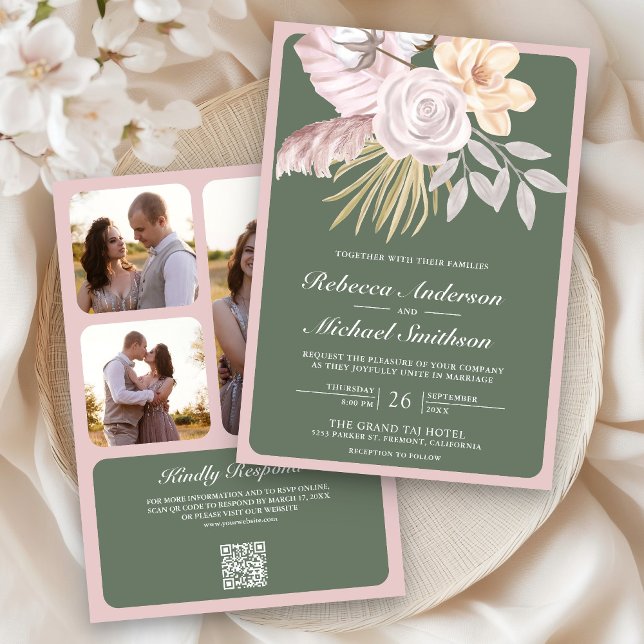 Invitación Rosa floral verde sabio rústico código QR boda (Subido por el creador)