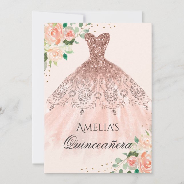 Invitación Rosa floral Vestido de oro esparkle Quinceanera (Anverso)