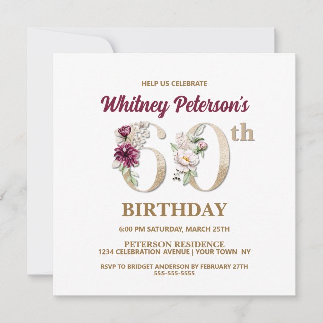 Invitación Rosa Floral W 60th Birthday Party Invitation (Anverso)