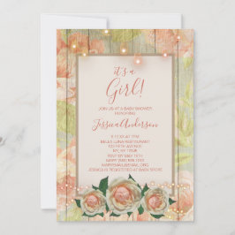 Invitación Rosa Floral Wood Mason Jar Light Baby Shower