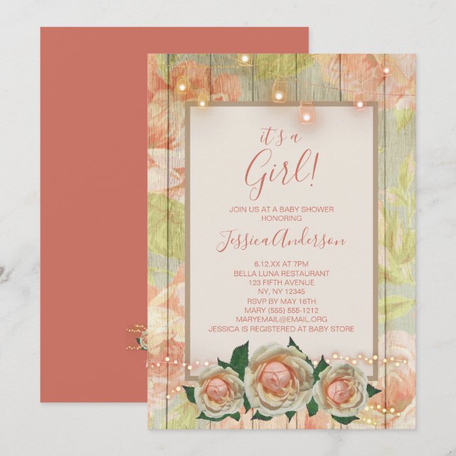 Invitación Rosa Floral Wood Mason Jar Light Baby Shower (Anverso / Reverso)
