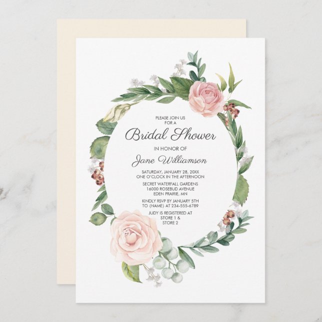 Invitación Rosa floral y ducha Wreath Wreath Bridal (Anverso / Reverso)