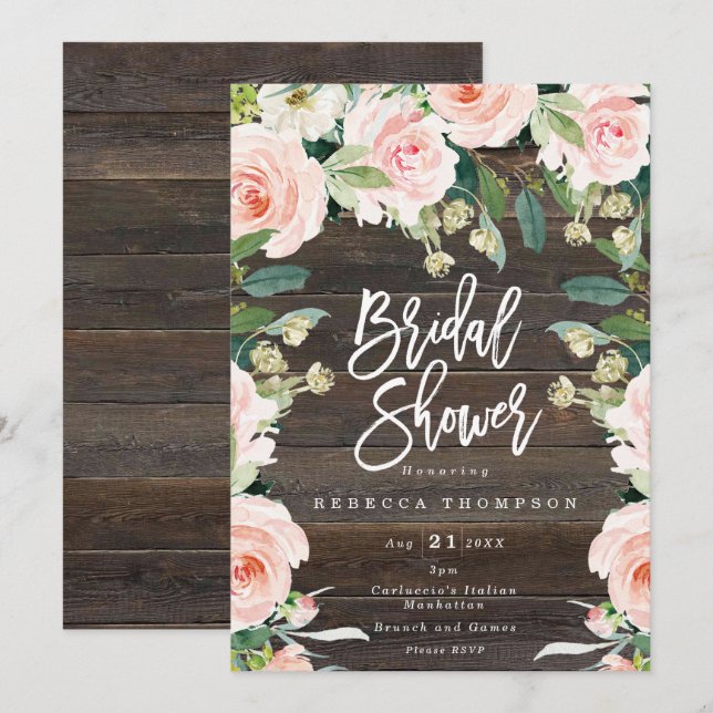Invitación rosa floral y verde boho moderna ducha de novia (Anverso / Reverso)