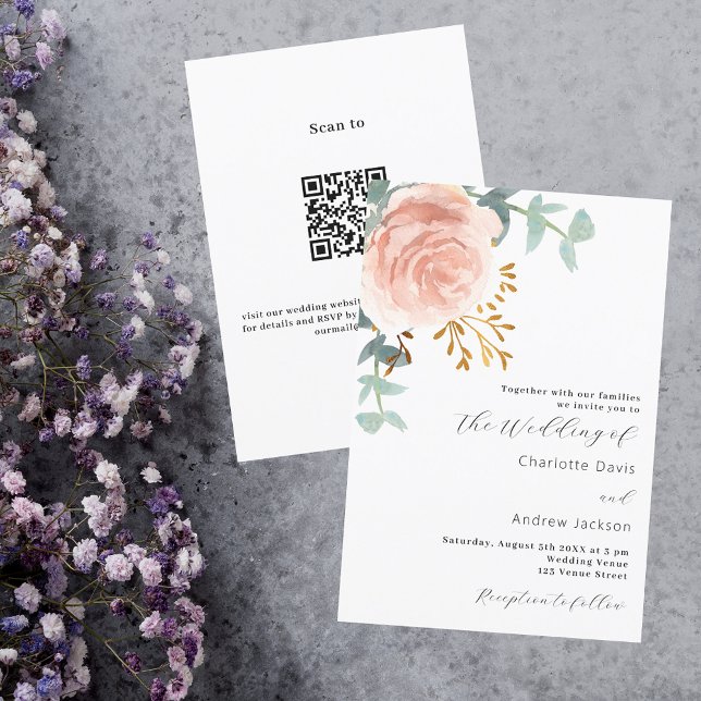 Invitación Rosa florales de oro verde código QR boda RSVP (Subido por el creador)