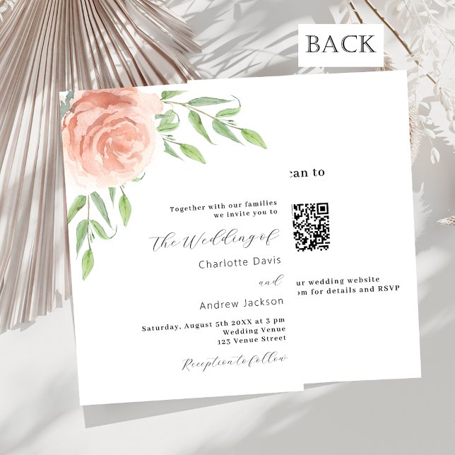Invitación Rosa florales de oro verde código QR boda RSVP (Subido por el creador)