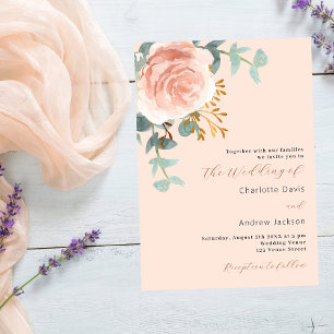 Invitación Rosa florals color verde melocotón boda de lujo