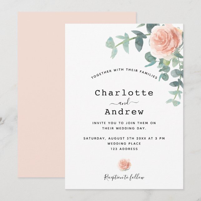 Invitación Rosa florals de oro verde elegante boda (Anverso / Reverso)