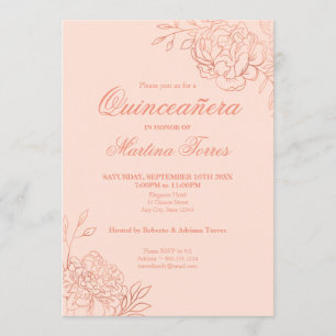 Invitación Rosa Flores Contorno de Oro Rosa Quinceañera