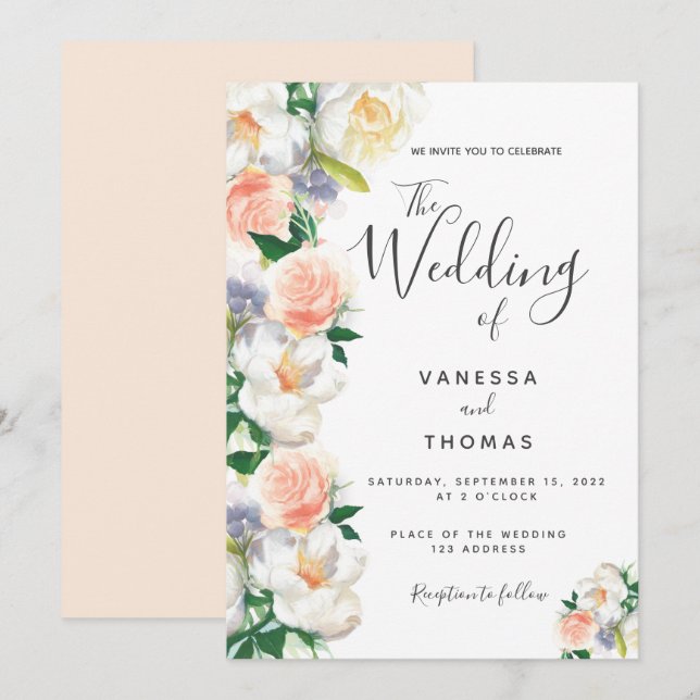 Invitación Rosa flores de oro boda de escritura blanca (Anverso / Reverso)