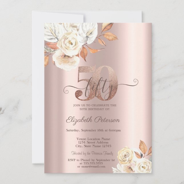 Invitación Rosa Flores de Oro Otoño 50 cumpleaños (Anverso)