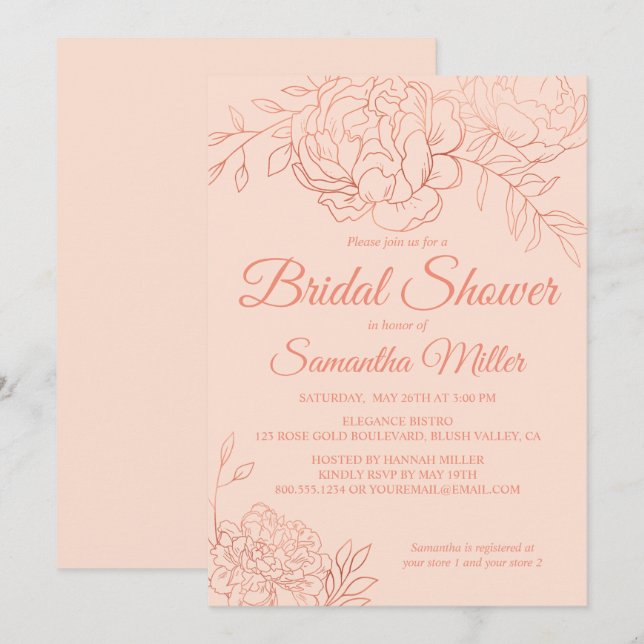 Invitación Rosa Flores Esbozadas De Oro Ducha Bridal (Anverso / Reverso)