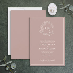 Invitación Rosa Formal  Leafy Escudo Monograma Boda