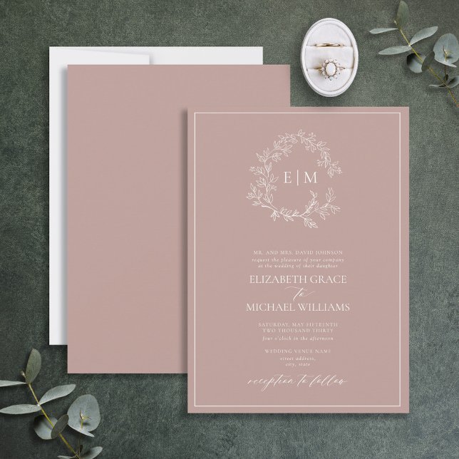 Invitación Rosa Formal  Leafy Escudo Monograma Boda (Subido por el creador)