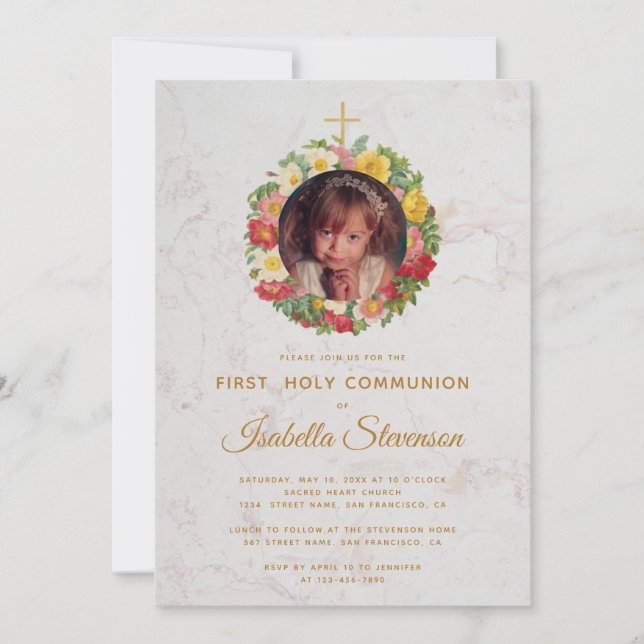 Invitación Rosa fotográfico de primera comunión chica Wreath  (Anverso)