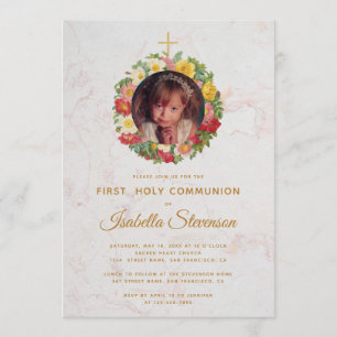 Invitación Rosa fotográfico de primera comunión chica Wreath