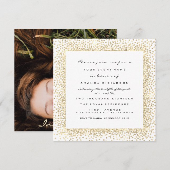 Invitación Rosa fotográfico ducha de novia marco de confetti  (Anverso / Reverso)