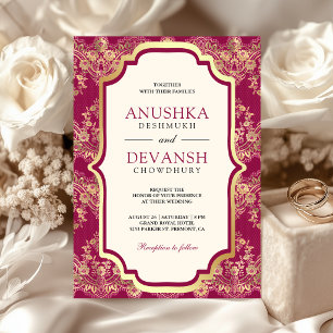 Invitación Rosa Fucsia Encaje Dorado Boda India