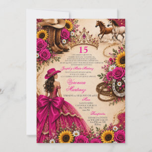 Invitación Rosa Fucsia Girasol Rosa Vaquera Quinceañera