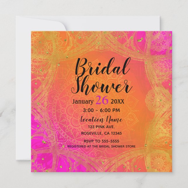 Invitación Rosa Fucsia Naranja Dorado Mandala Nupcial Indio (Anverso)
