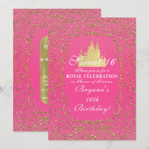 Invitación Rosa Fuerte y Castillo Real Dorado Princesa Dulces