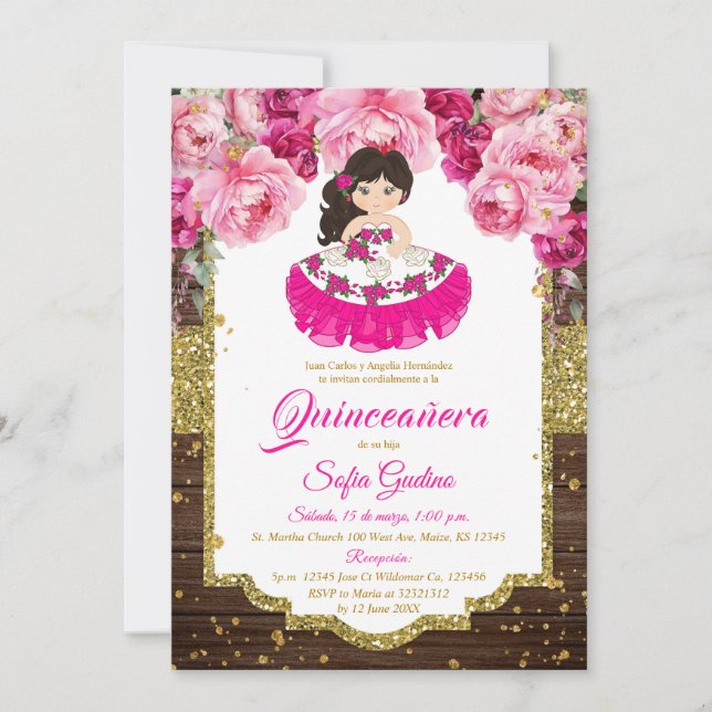 Invitación Rosa Fuschia Cute Chica Quinceañera Rustic Wood (Anverso)