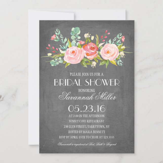 Invitación Rosa Garden Chalkboard | Bridal Shower (Anverso)