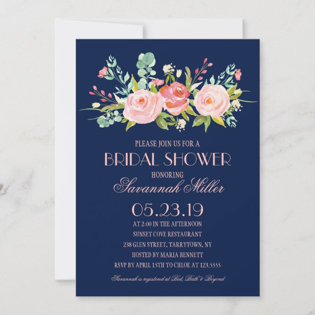 Invitación Rosa Garden Midnight Blue| Ducha nupcial (Anverso)