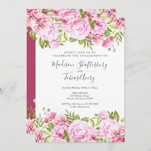 Invitación Rosa Garden Watercolor Floral Engagement Party (Anverso / Reverso)