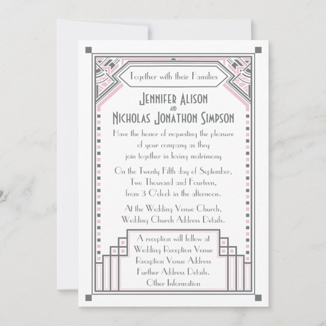 Invitación Rosa Gatsby Boda Art Deco (Anverso)