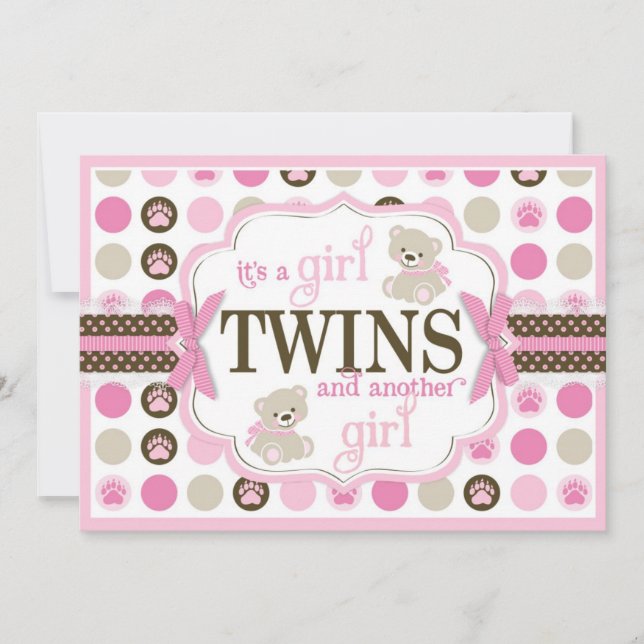 Invitación Rosa gemelo de Baby Shower del oso de peluche de (Anverso)