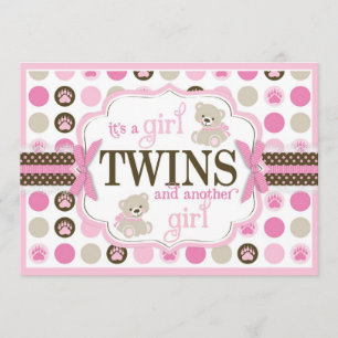 Invitación Rosa gemelo de Baby Shower del oso de peluche de